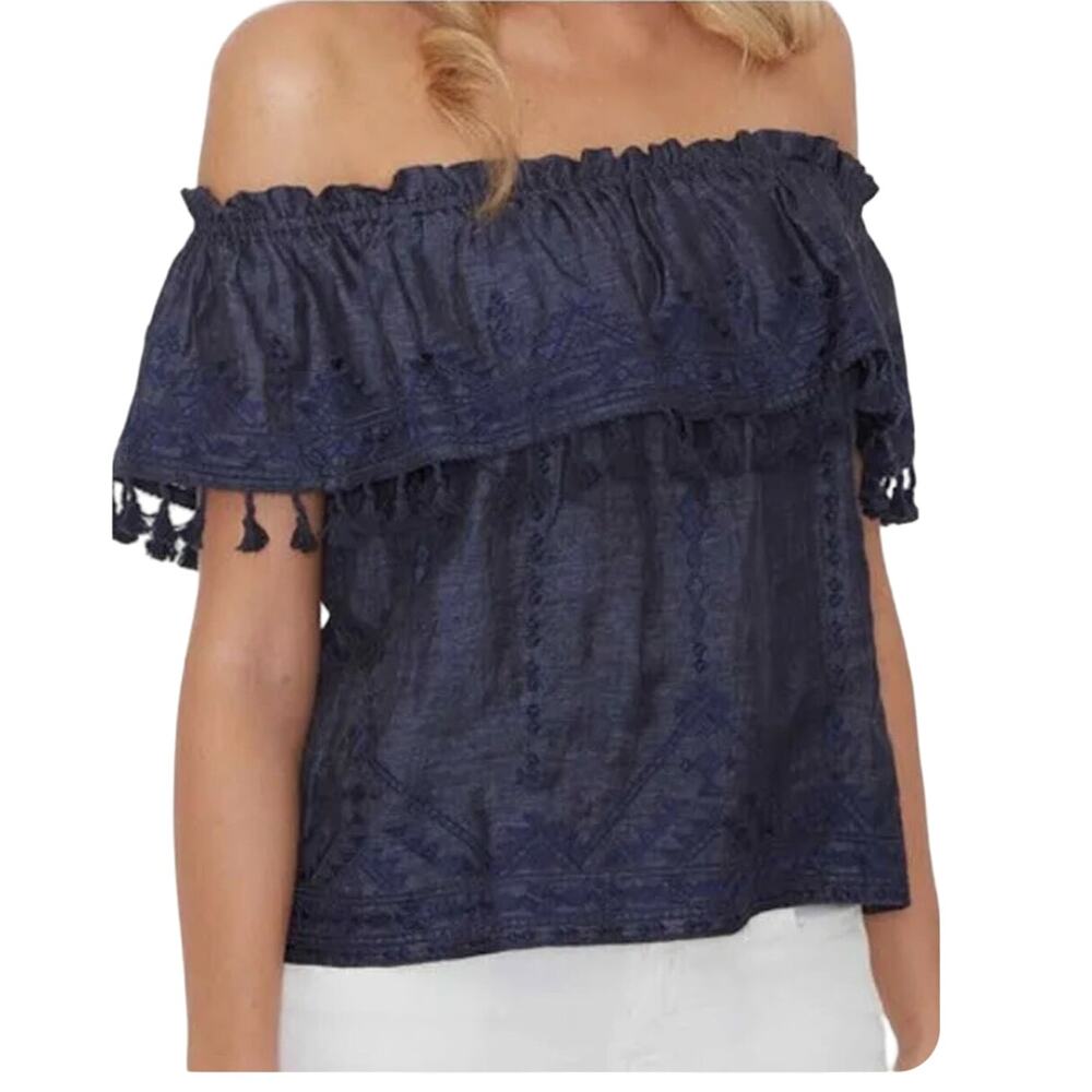 Parker Dark Blue Embroidered Chambray Off Shoulder Top